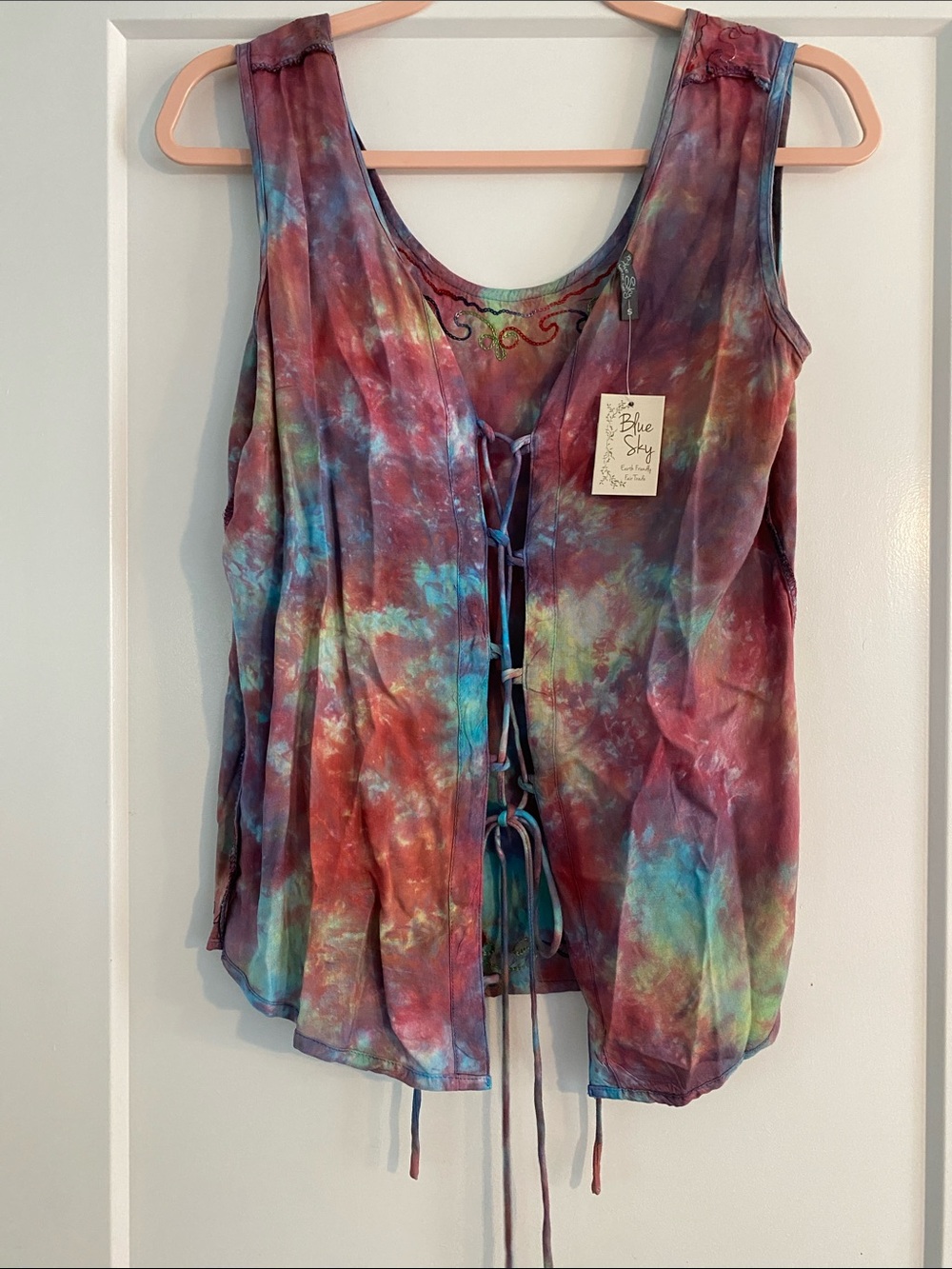 Blue Sky Multicolor Tie-Dye Lace-Up Tank Top